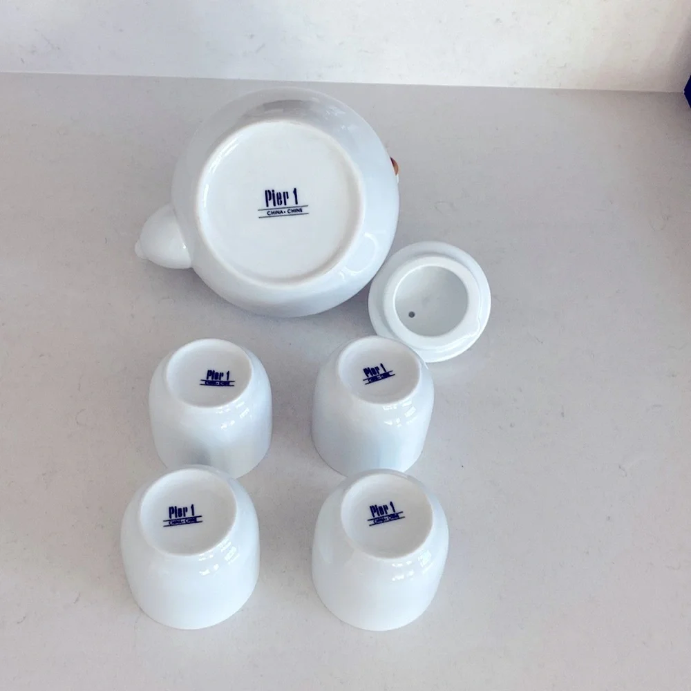Pier 1 Imports Porcelain Tea Set White China Teapot & 4 Cups Classic Decor Asian